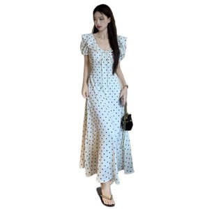 French Style Ruffled Waist <b>Dress</b> With Flutter Sleeves Tie Neck Polka Dot Maxi <b>Dress</b> <b>Elastic</b> Waist Breathable Holiday - Product Image 5