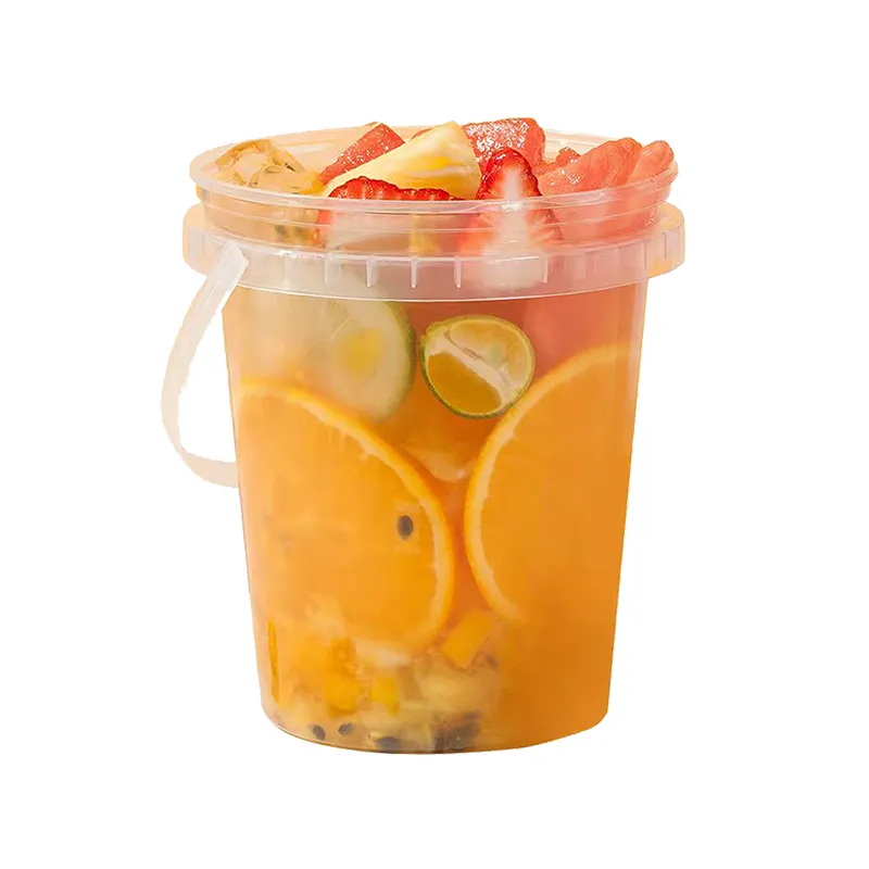LOKYO balde de frutas descartáveis para viagem com logotipo personalizado de 32 onças, recipiente de frutas descartáveis, balde de PP, copos de plástico com tampa e alça