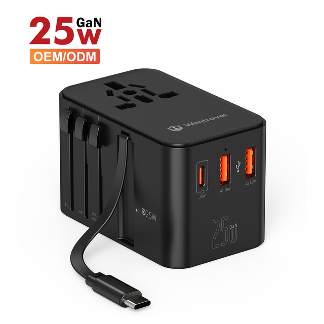 Wontravel PD 25W Fast Universal Travel Power Adapter with PPS GaN Technology Retractable Cable for Laptop Camera Worldwide Plug