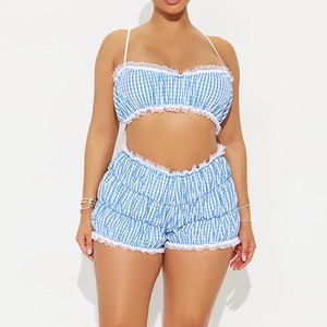 เสื้อครอปฤดูร้อน & กางเกงลายตารางจับจีบแฟชั่นแนวแฟชั่นสำหรับผู้หญิง - Product Image 1