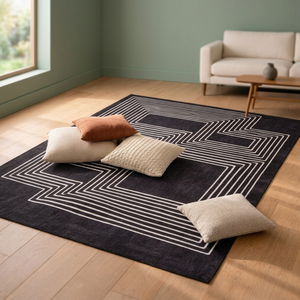 Tapis rectangulaire noir et blanc en laine et acrylique, tufté, antidérapant, pour salon, à poils moyens, avec envers en latex - Product Image 4
