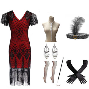 Ensemble robe à franges et sequins style années 20, costume de fête Gatsby avec bandeau, gants, collier et boucles d'oreilles - Product Image 3