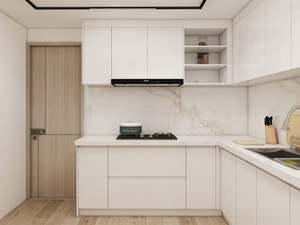 Juego de Muebles de Cocina Modulares Modernos de Madera Contrachapada con Acabado de Laca de Alto Brillo, Isla de Mármol con Fregadero y Protector Contra Salpicaduras para Apartamento - Product Image 3