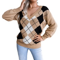 Dropshipping New Casual Top Pull en tricot à col en V pour femmes Preppy Style Diamond Casual Knitted Top For Women