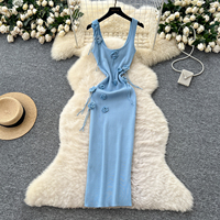Robe longue élégante pour femmes, jaune, sans manches, tricotée, avec décor floral 3D, coupe ajustée, robe moulante décontractée pour tous les jours et les soirées