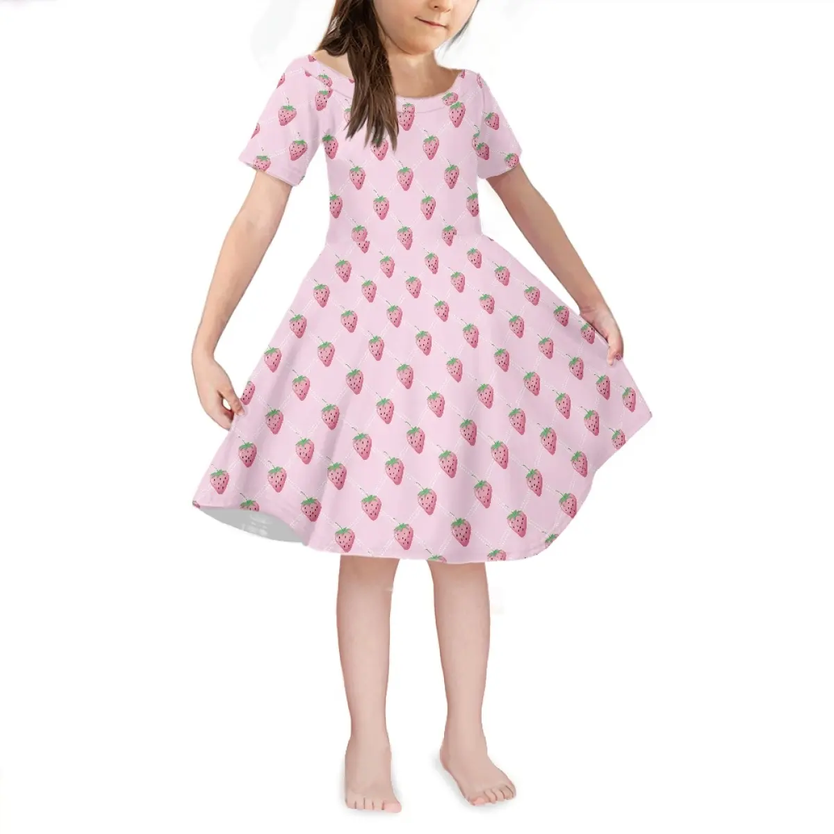 Custom Cute Cartoon Strawberry Girl Frocks Designs Girl Dress Print On Demand Children Kids Dresses For Girls of 10-11 yrs