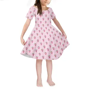 Изготовленные на заказ с мультипликационным принтом в виде клубники, для девочек, детское платье для девочек платье из набивной ткани по запросу, детское платье в полоску для девочек возрастом 10-11 лет