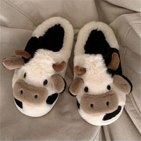 Mignonne vache pelucheuse pantoufles imprimé animal mignon cochon requin vache fourrure diapositives chaudes pantoufles vache visage coeur en peluche pantoufles