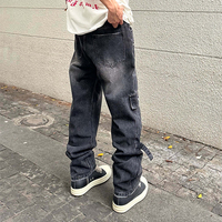 LILUO Jeans Baggy Fit personnalisés pour hommes 100% coton noir délavé surdimensionné jeans empilés pour hommes avec poches