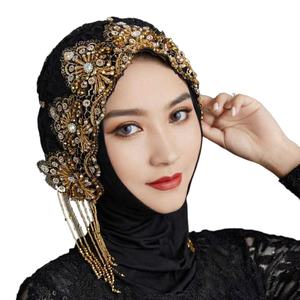 YASEEN Women's Elegant Ethnic Muslim Hat Lace <b>Glitter</b> Flowers Turban Hijab for Ladies Fashionable Bamboo Weaving Spring/Summer - Product Image 1