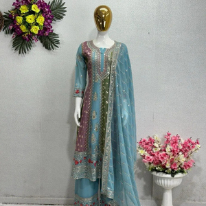 Thiết kế mới thêu trình tự làm việc hàng đầu quần với dupatta thiết lập màu sắc đẹp kết hợp hoàn toàn khâu ăn mặc phù hợp với - Product Image 1
