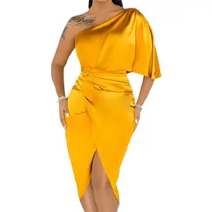 Luxus Midi-Kleid Nachtmode elegant Club rüschenförmig Bodycon Party Sommer stilvoll Seide eine Schulter Satin individuell Damen Dame gewebt