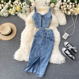 Tank Top tanpa lengan Chic baru Musim Panas 2024 rok panjang Bodycon yang cocok Set dua potong Denim rok mode wanita