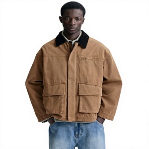 Veste de travail en toile marron pour homme, col rabattu, simple boutonnage, coupe ample avec poches, idéale pour l'automne - Product Image 1