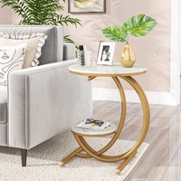 Table d'appoint en bois à deux niveaux en forme de C avec plateau en faux marbre et pieds en acier inoxydable, table ronde à vendre