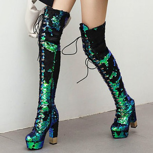 Solid Sequins Cloth Upper Chunky Heel Women Boots <b>High</b> Heel Thigh <b>High</b> Booties Slip-on Dating Party Winter Over <b>Knee</b> <b>High</b> Boots - Product Image 5