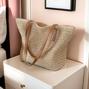 Borsa da Spiaggia Estiva Casual Stile Francese, Grande Capacità, Borsa a Tracolla Intrecciata in Poliestere Riutilizzabile per Donne - Product Image 1