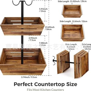 New acacia wood double-layer fruit basket with iron bracket, banana hook, fruit <b>plate</b>, and kitchen fruit storage <b>rack</b> - Product Image 4