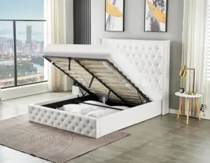 Lasted luxury modern wing design PU leather buttons tufted headboard and foot board white PU gas lift storage bed