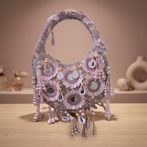 Pochette de soirée demi-lune perlée faite à la main, écologique et douce, avec franges de perles et anse en anneau, idéale pour les fêtes et mariages - Product Image 2