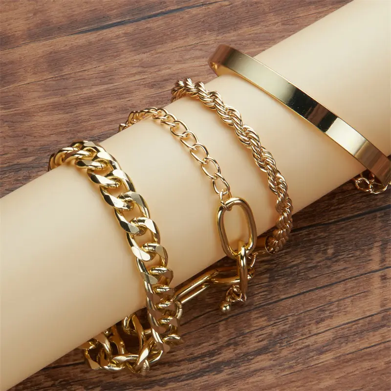 Wholesale of 4pcs Cuban Chain Thick Twisted Bracelet 18k Gold Plated Stainless Steel Fashion Women's Set Jewelry by Manufacturer
