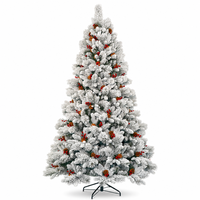 Sapin de Noël artificiel floqué de 2,10 m, effet neige, avec baies rouges, pommes de pin et support métallique pliable