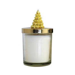 제조업체 패션 홀리데이 100g 수제 간장 왁스 촛불 유리 항아리 wiht 크리스마스 나무 모양 뚜껑 황금 앰버
