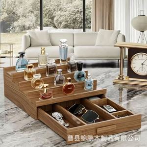 Estante de Almacenamiento de Madera de 3 Niveles, Organizador de Cosméticos de Madera Maciza con Cajón Oculto, Expositor de Escritorio para Perfumes, Maquillaje y Joyería - Product Image 1