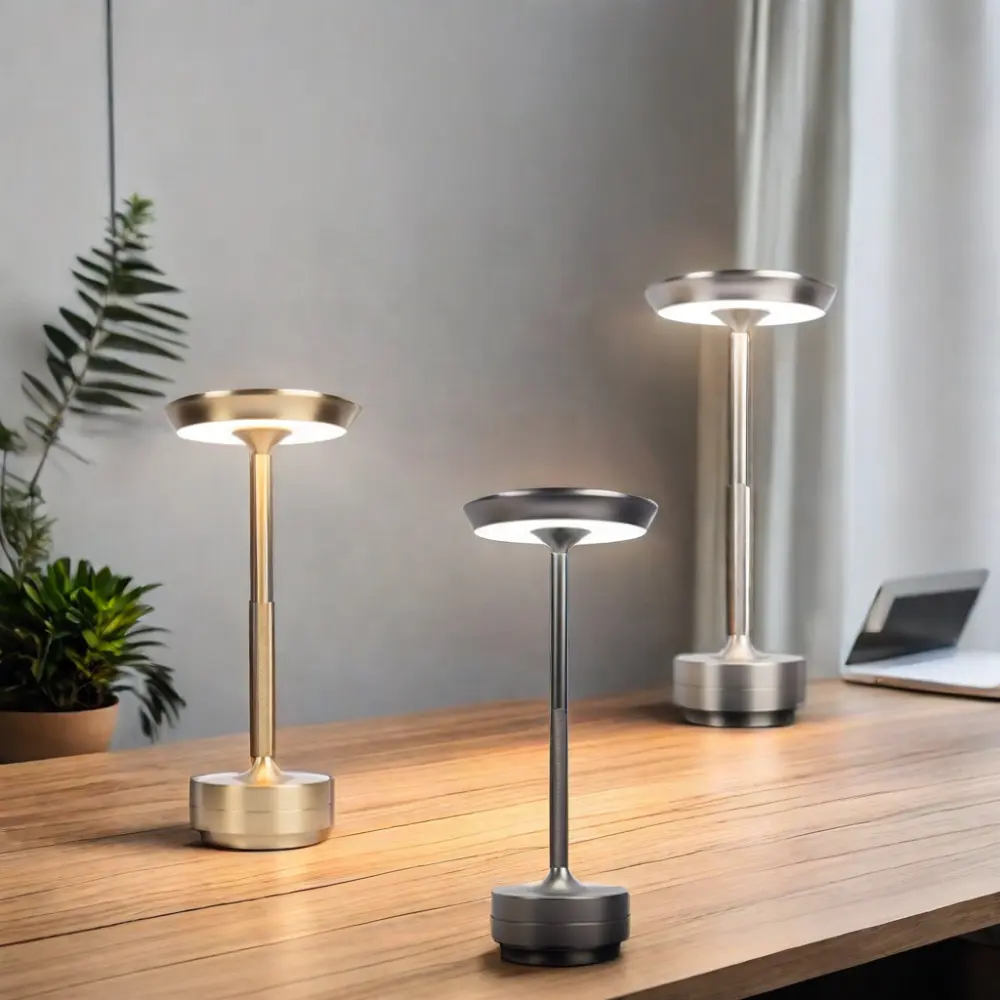 Lampu meja Nordic led metalik mewah, lampu meja dioperasikan baterai tanpa kabel dapat diisi ulang USB