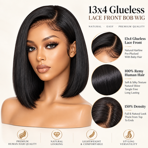 Parrucca <span class=keywords><strong>Bob</strong></span> Senza Colla da 12 Pollici a Prezzo di Fabbrica, Frontale in Pizzo HD 13x4, 100% Capelli Umani Remy, Densità 150%, Adatta ai Principianti, Nero Naturale - Product Image 1