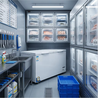 Congélateur coffre commercial autonome 385L, température unique, refroidissement direct, acier inoxydable, 2 portes, pour la conservation de viande fraîche et de fruits de mer