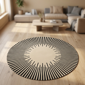 Tapis rond en laine tufté à la main, noir et beige rayé, tapis moderne pour salon, chambre à coucher, hôtel - Product Image 1