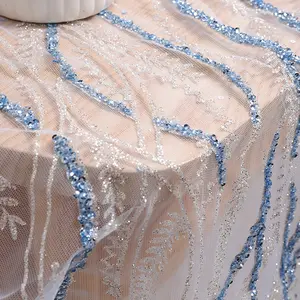 Genişliği 150 cm toz metalik gelinlik kumaşı altın damgalama 2 ton sequins boncuk gazlı bez örgü kumaş akşam elbise için