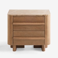 Table de chevet moderne du milieu du siècle en bois massif avec 2 tiroirs, plateau en pierre naturelle, armoire de rangement rustique de style ferme