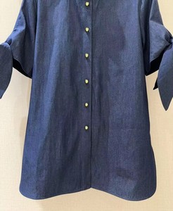 Camicie in Denim di cotone 100% 2025 camicette firmate estive da donna con collo alto e <span class=keywords><strong>Lurex</strong></span> con bottone Casual in tinta unita blu scuro - Product Image 5