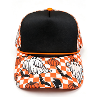 Casquette Trucker Snapback en Mousse à Motif Échiquier Orange et Blanc avec Motifs Halloween Fantôme et Citrouille, et Maille Imprimée