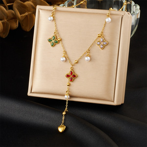 Chic Flower Pendant Necklace Stainless Steel Y Shape With Pearls And Diamonds For Gift - Product Image 1