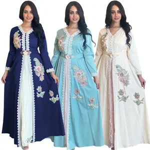 Islamic clothing factory stock middle East Muslim evening dress skirt embroidery flower lace belt V-neck temperament dress