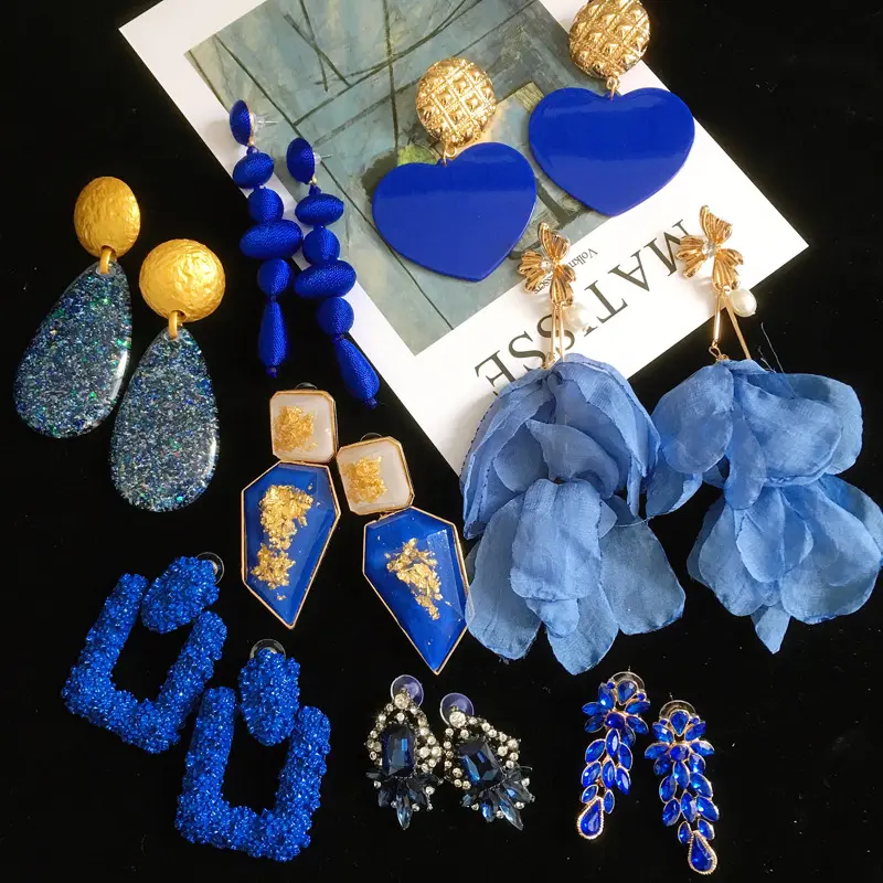 Wholesale Blue Geometric Acrylic Irregular Drop Earrings For Women Party Beach Wedding Jewelry Glass Beaded Lace Crystal Earring