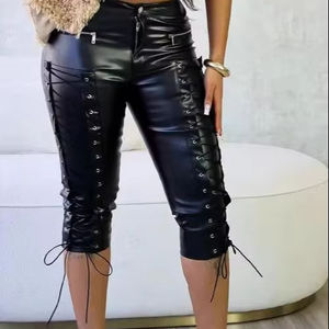 Pantalon moulant en cuir patchwork pour femme Viviblook Z0113PT, sexy, à bretelles, pour boîte de nuit, avec fermeture éclair, bandage, pantalon court - Product Image 1