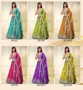 Lehenga Choli moderne en organza scintillant à motifs floraux avec des imprimés multicolores élégants en sequins, séchage rapide, toutes saisons, prix de gros - Product Image 4