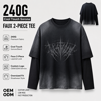 T-shirt unisexe 240G Sorona Cool Touch, effet faux deux pièces, manches longues, streetwear, avec logo effet délavé, OEM ODM Marque Privée