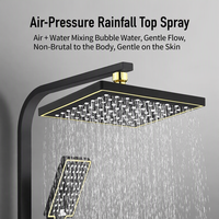 Ensemble de douche de salle de bain noir et or avec système de douche pluie à bouton rond 4 fonctions, douchette bidet 3 modes et étagère de rangement