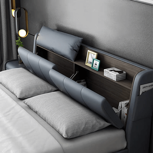 Ensemble de meubles de chambre à coucher de luxe européen Lits King et Queen en bois massif avec design moderne et doux Up-Lit de rangement en cuir avec étui - Product Image 4