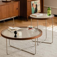 MUU Salon moderne Design en verre Combinaison latérale en bois Table basse Forme ronde Ensemble de tables à thé polyvalent
