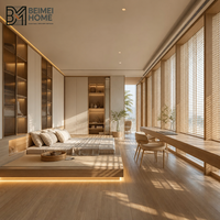 Lit plateforme tatami intégré de style californien moderne avec armoire en verre et bureau flottant long pour une pièce ensoleillée