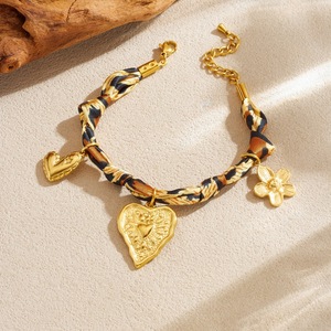 Fashionable Retro Printed Leopard Ribbon Knotted Rope Chain Gold Plated Heart <b>Flower</b> Pendant Stainless Steel <b>Bracelet</b> - Product Image 2