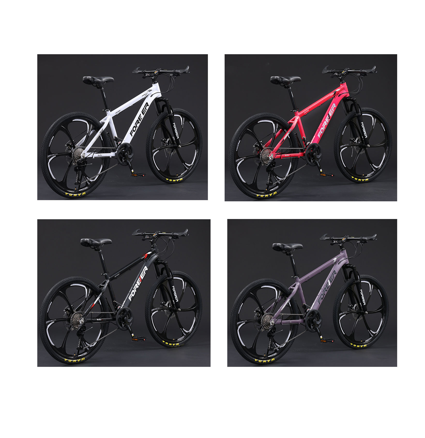 Six roues [[gris, blanc, violet, rouge, noir, vert]