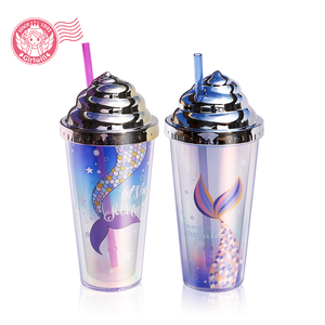 Girlwill Mermaid Reusable Double Wall Plastic Tumbler Cups With cream Lids And Straw Custom Logo Mugs Supports OEM/ODM