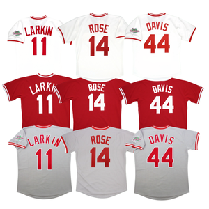 Jersey Retro de Béisbol Americano Cosido al por Mayor # 11 Barry Larkin # 14 <span class=keywords><strong>Pete</strong></span> <span class=keywords><strong>Rose</strong></span> # 44 Eric Davis - Product Image 1